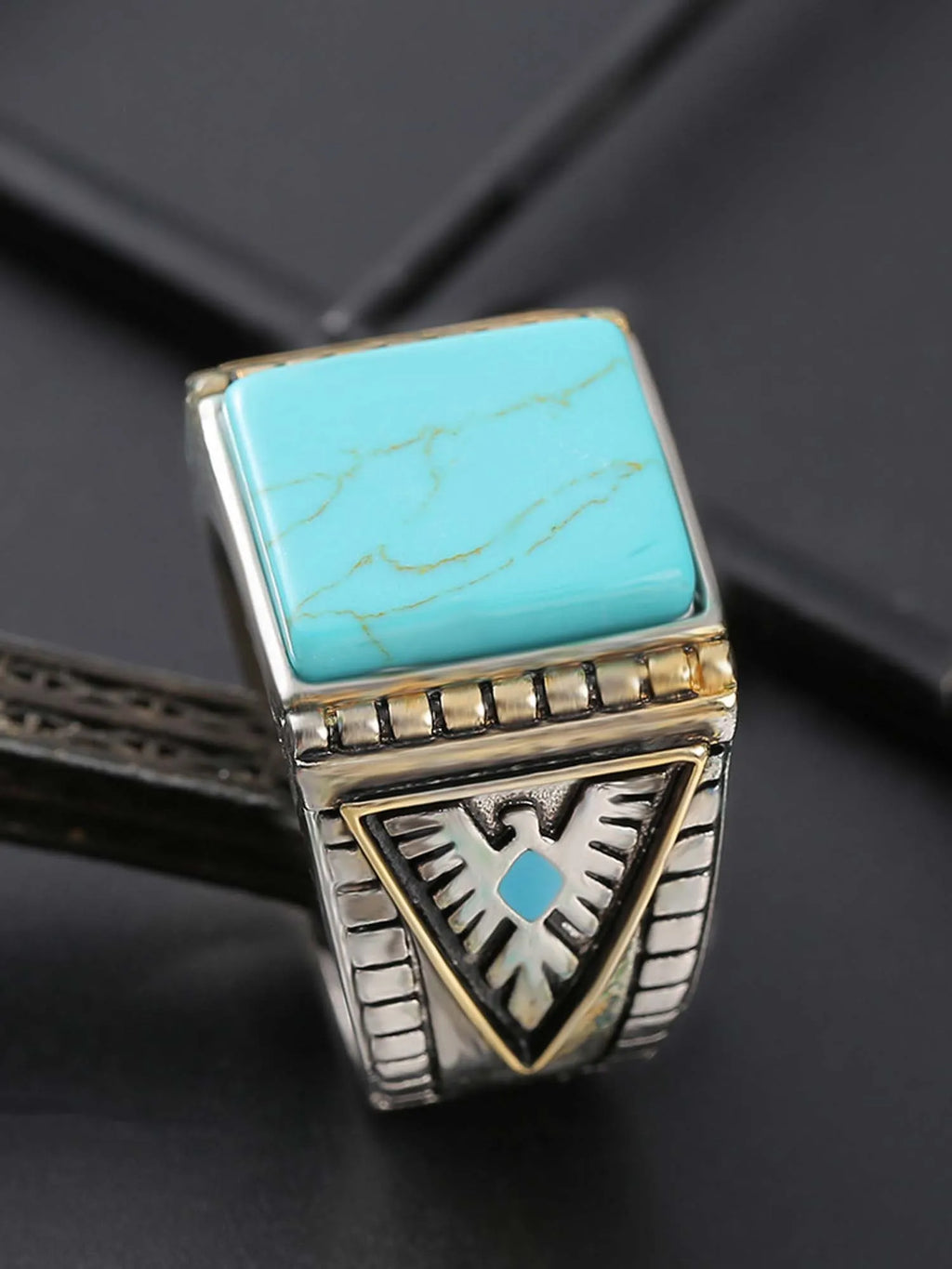 Bohemia Indian Mythical Animal Western Thunderbird Feather Turquoise Ring