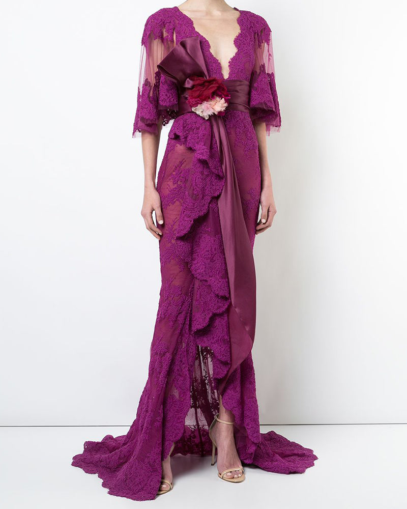 Lace mesh maxi dress V-neck