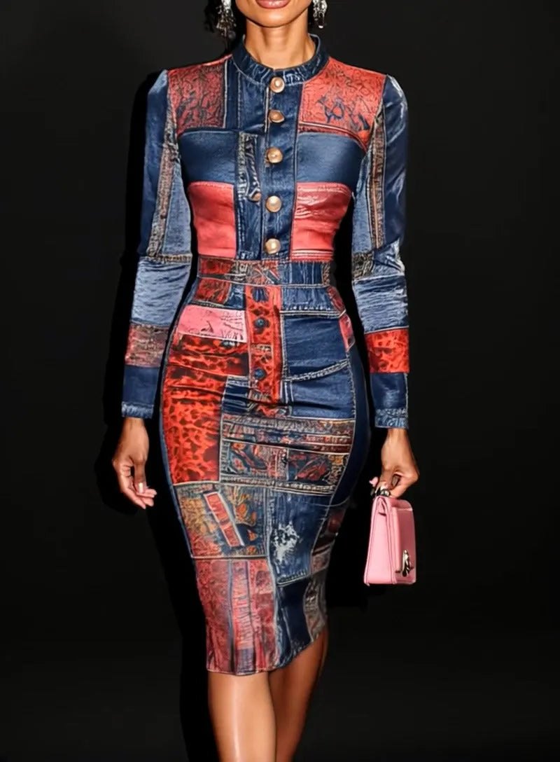 Chic Patchwork Bodycon Midi Dress