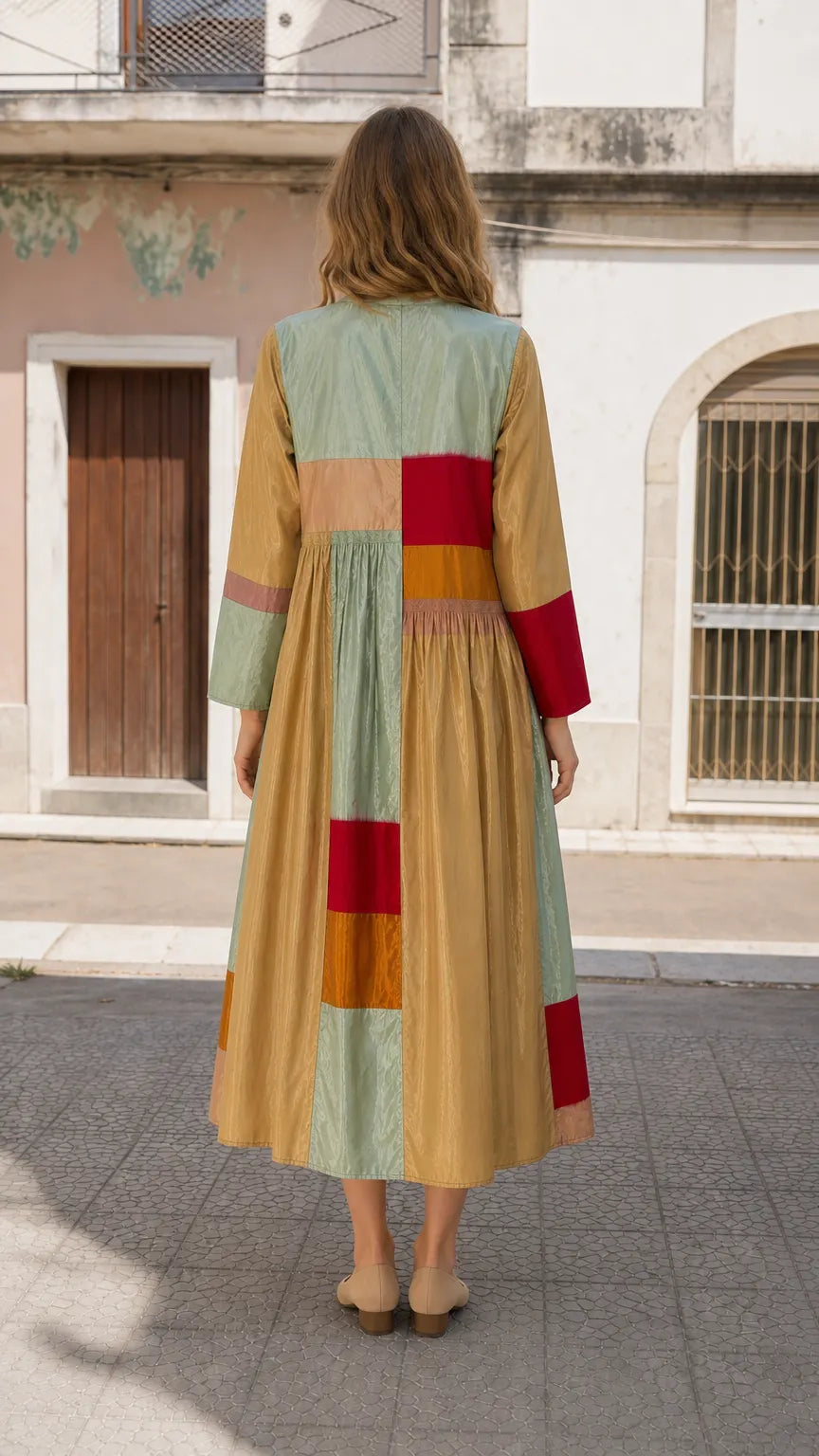 Boho Colorblock Long Sleeve Midi Dress