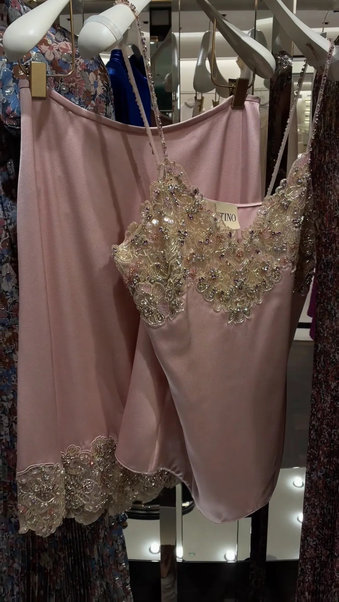Pink Beaded Lace Satin Two‐Piece Set