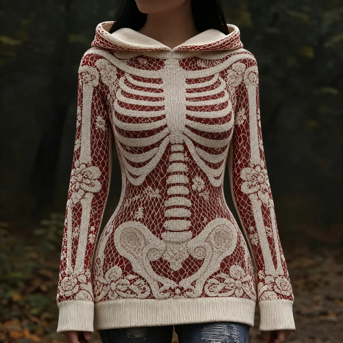 Vintage Halloween Anatomy And Rose Art Knit Hooded Sweater