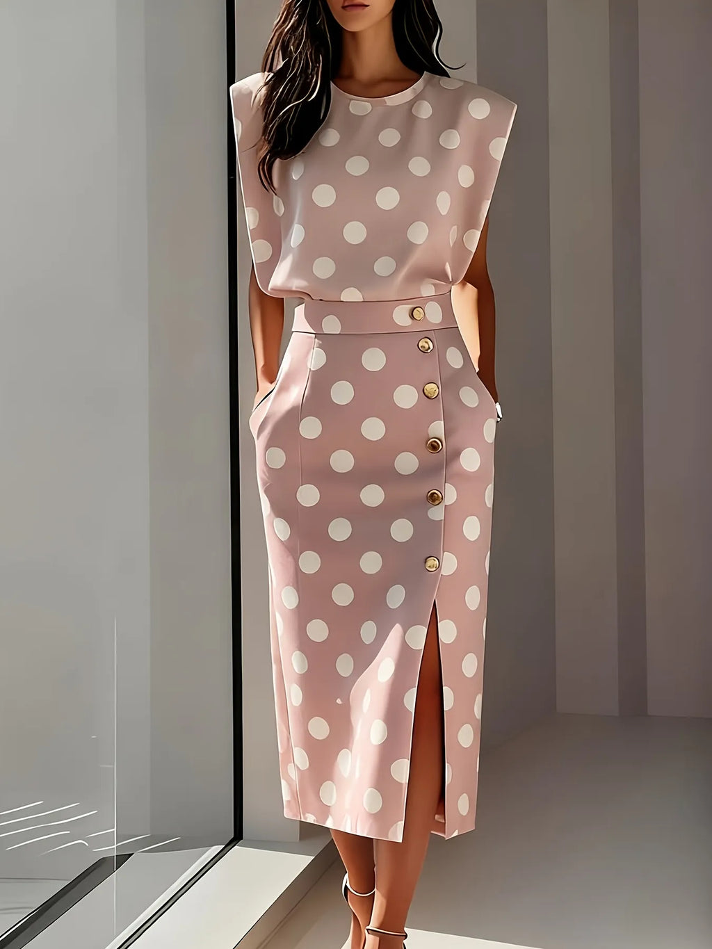 Button Front Split Midi Dress | Round Neck Office & Semi-Formal Dress for Spring, Summer & Fall