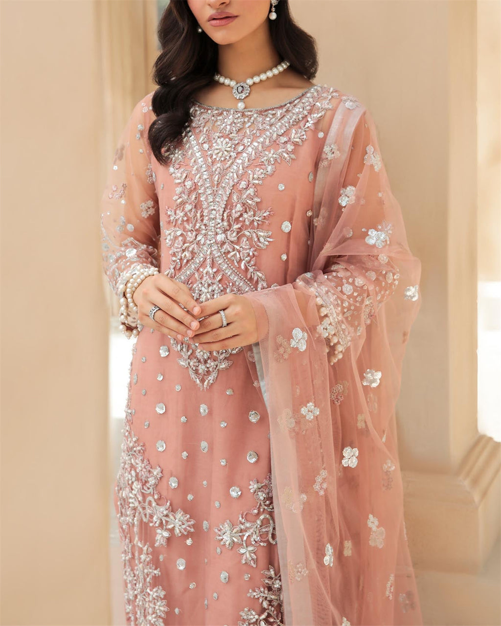 Pink Crewneck Mesh Sequin Dress