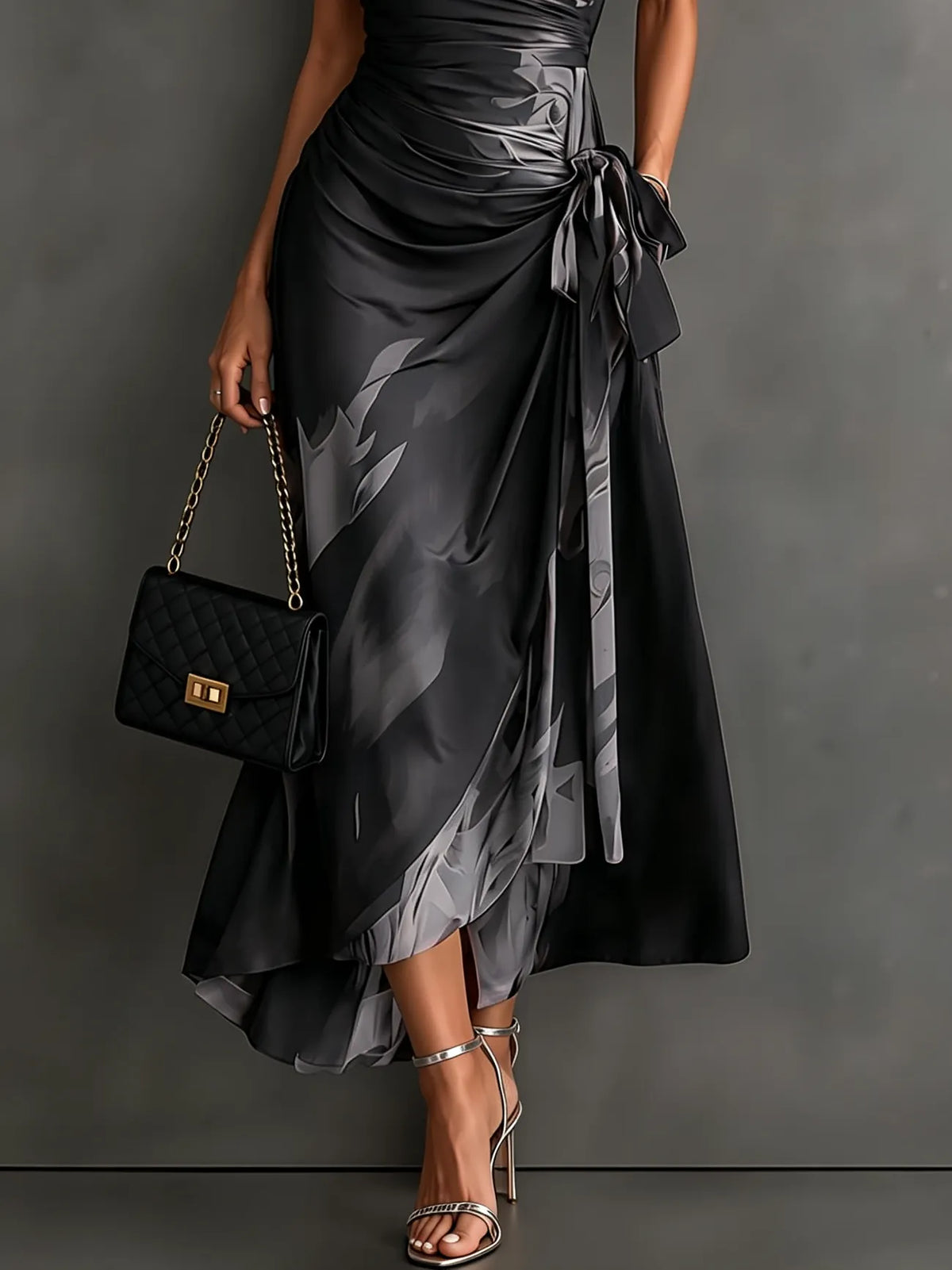 Red Black Abstract Print Wrap Midi Dress Collared V Neck Short Sleeve Tie Waist Ruffled High‑Low Hem Dress