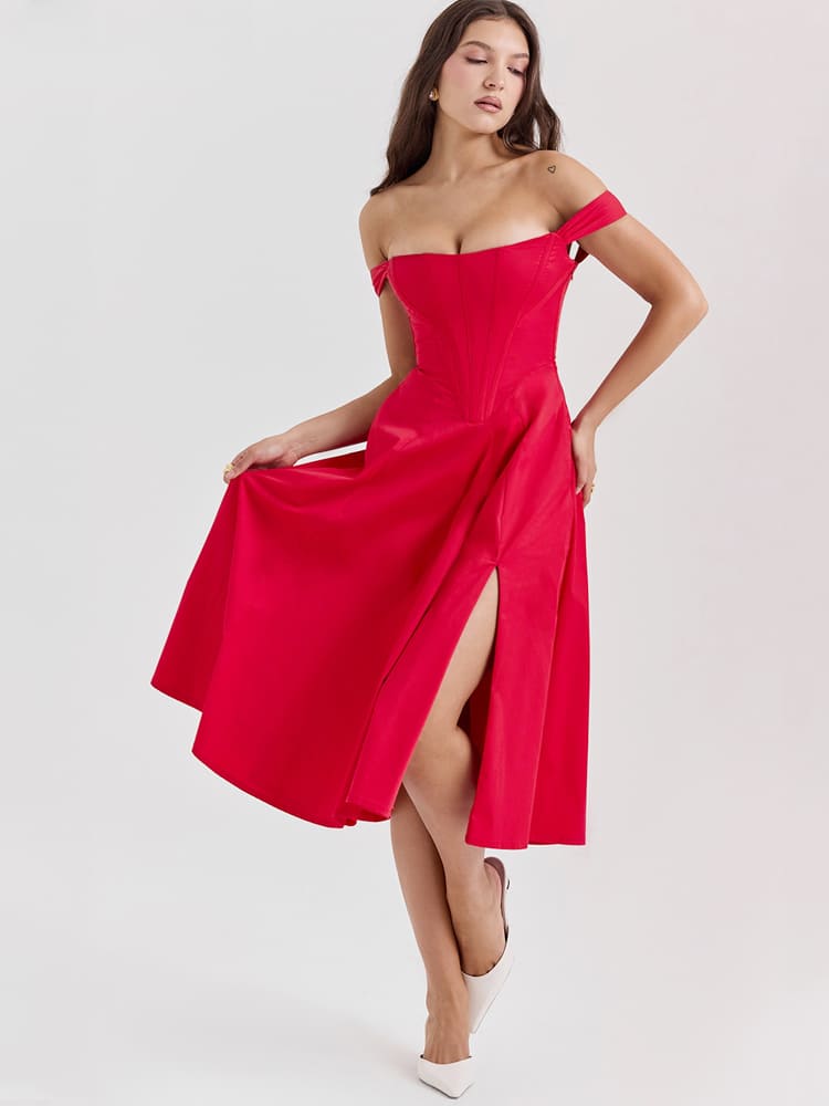 Halter Neck Midi Dress with Side Slit - Scarlet Red