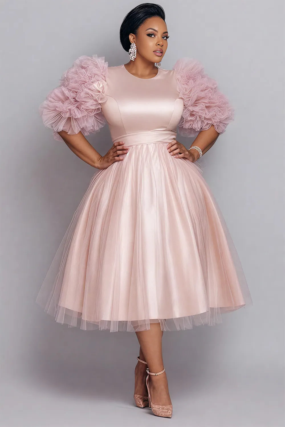 Formal Tulle Pink Round Neck Long Sleeve Contrast Elegant 3D Satin Midi Dresses