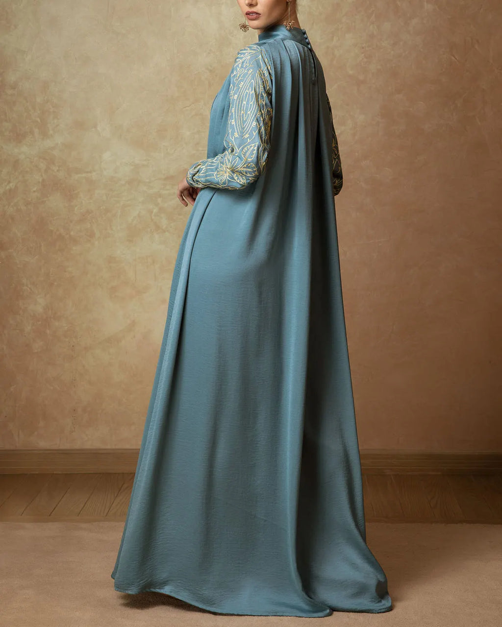 High Neck Gathered Embroidered Puff Sleevedress