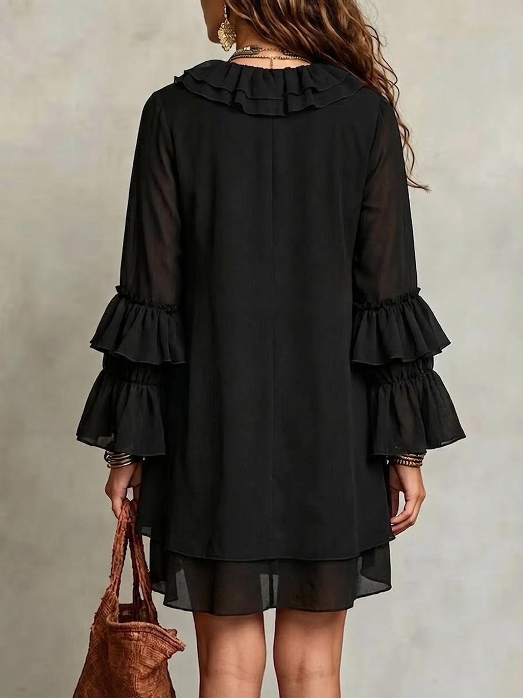 Black V-neck Layered Ruffled Bell Sleeve Chiffon Mini Dress