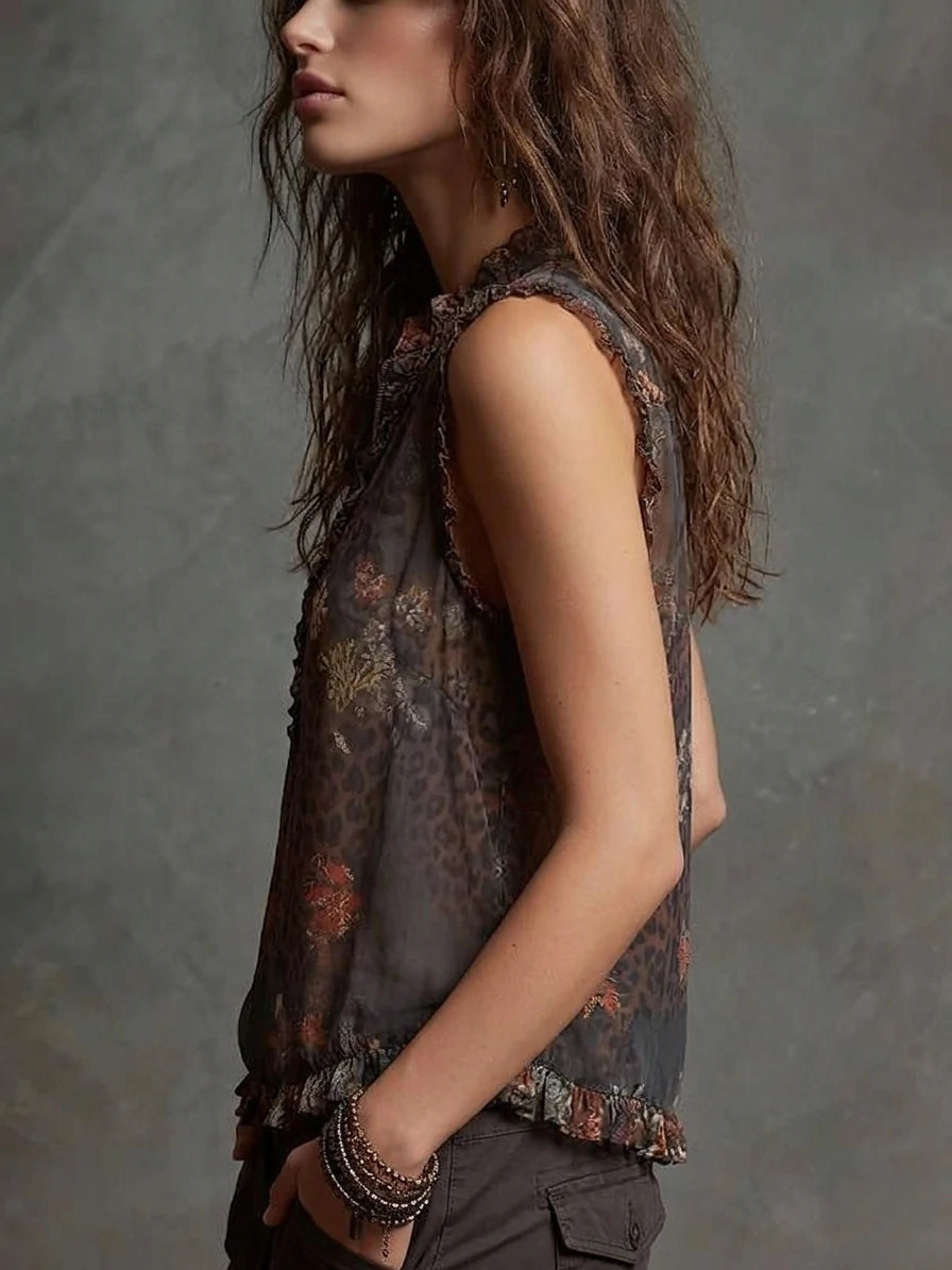 Boho Chiffon Sleeveless Leopard Floral Ruffle Top