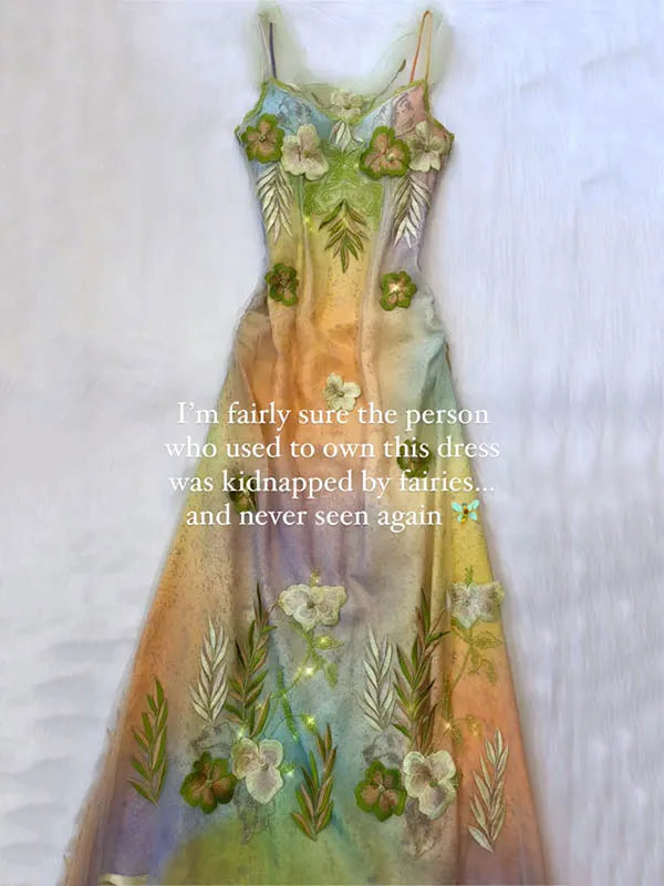 Sequinned Flower Embroidered mesh splicing Sleeveless Spaghtti-Neck Evening Maxi Dresses