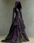 Halloween Irregular Embroidered Lace Patchwork Hooded Linen Evening Dress e535