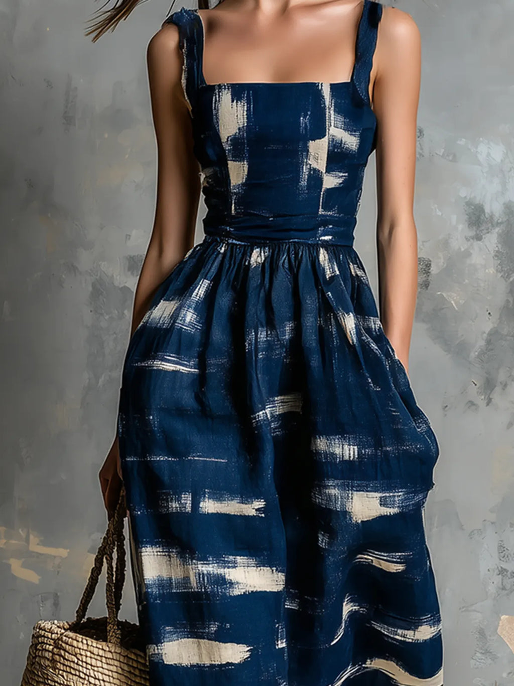 Navy Blue Retro Print Halter-Style Dress
