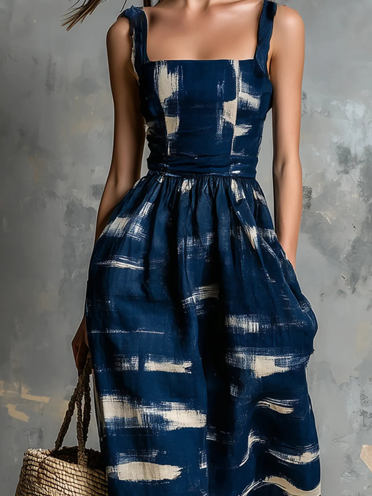 Navy Blue Retro Print Halter-Style Dress