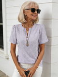 Crew Neck Short Sleeve Flower Jacquard Top Button T-Shirt