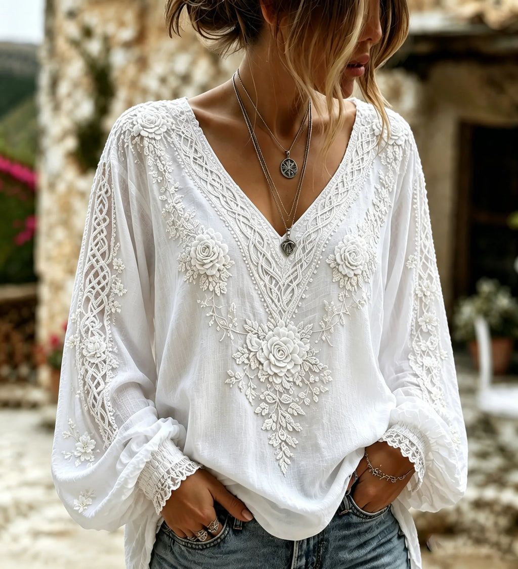 Women's Retro Celtic Knot With Floral Art Linen Blend Long Sleeves Shirt
