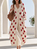 Retro-chic Raspberry-pattern Long Knit Cardigan