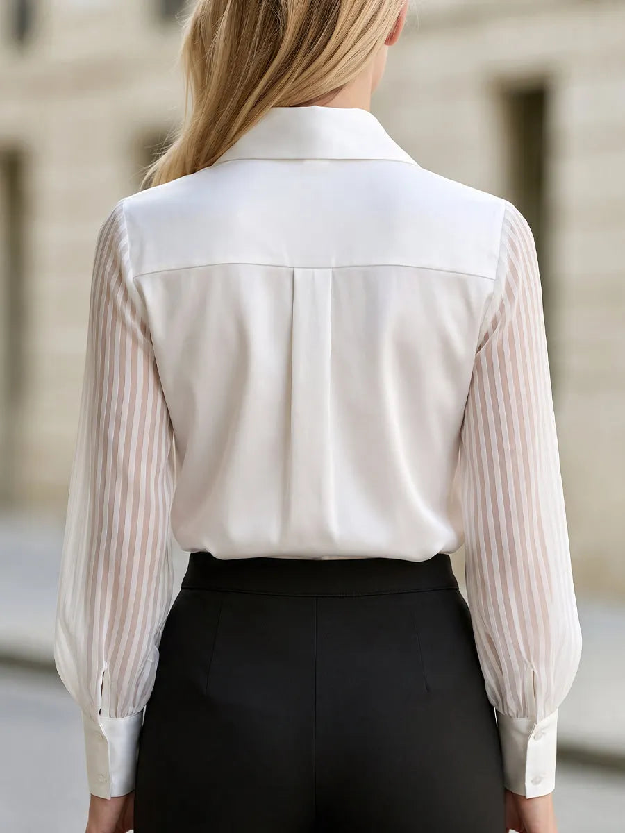 Point‐Collared Satin Blouse With Sheer Striped Lantern Sleeves