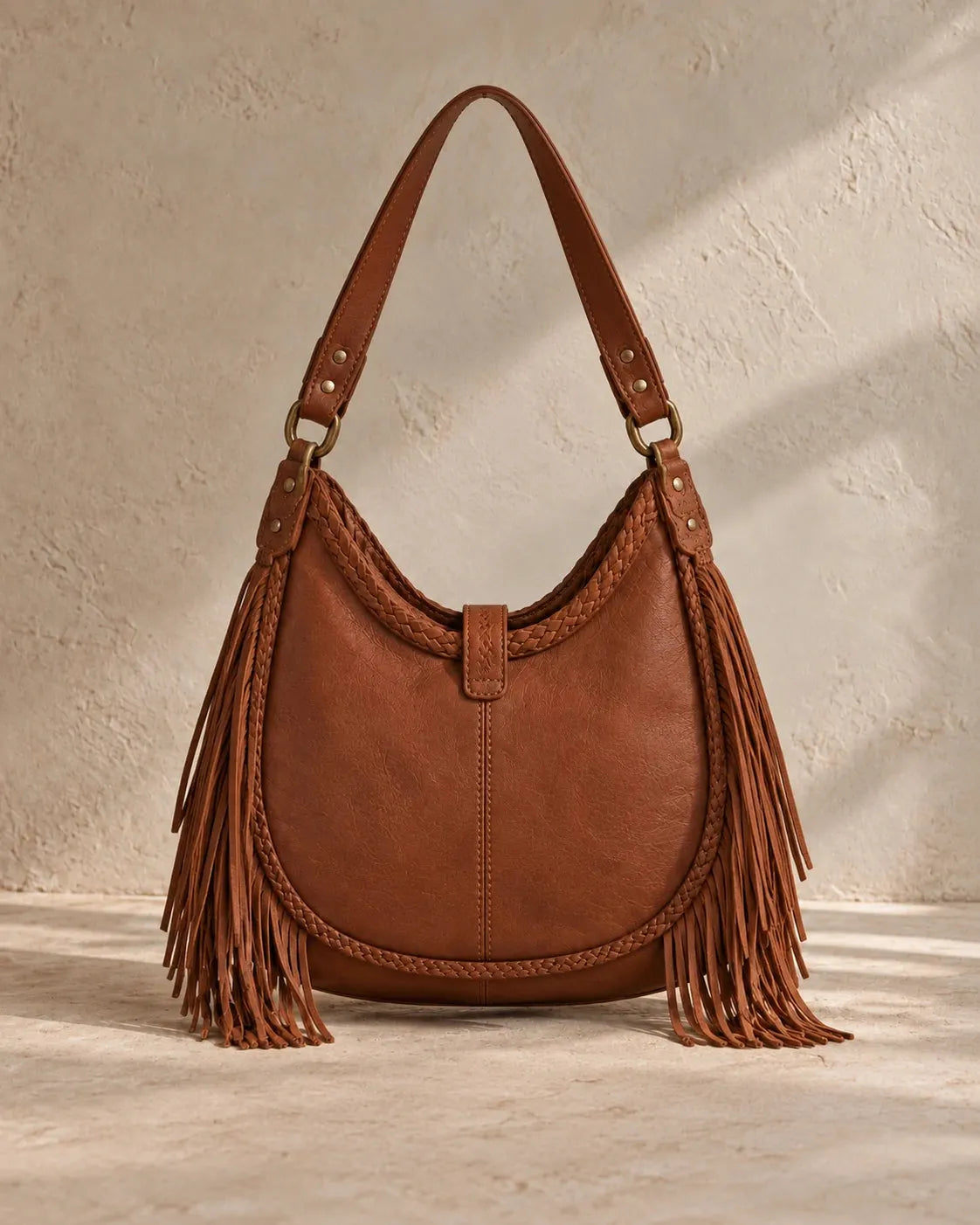 Boho Fringe Embossed Leather Hobo Bag