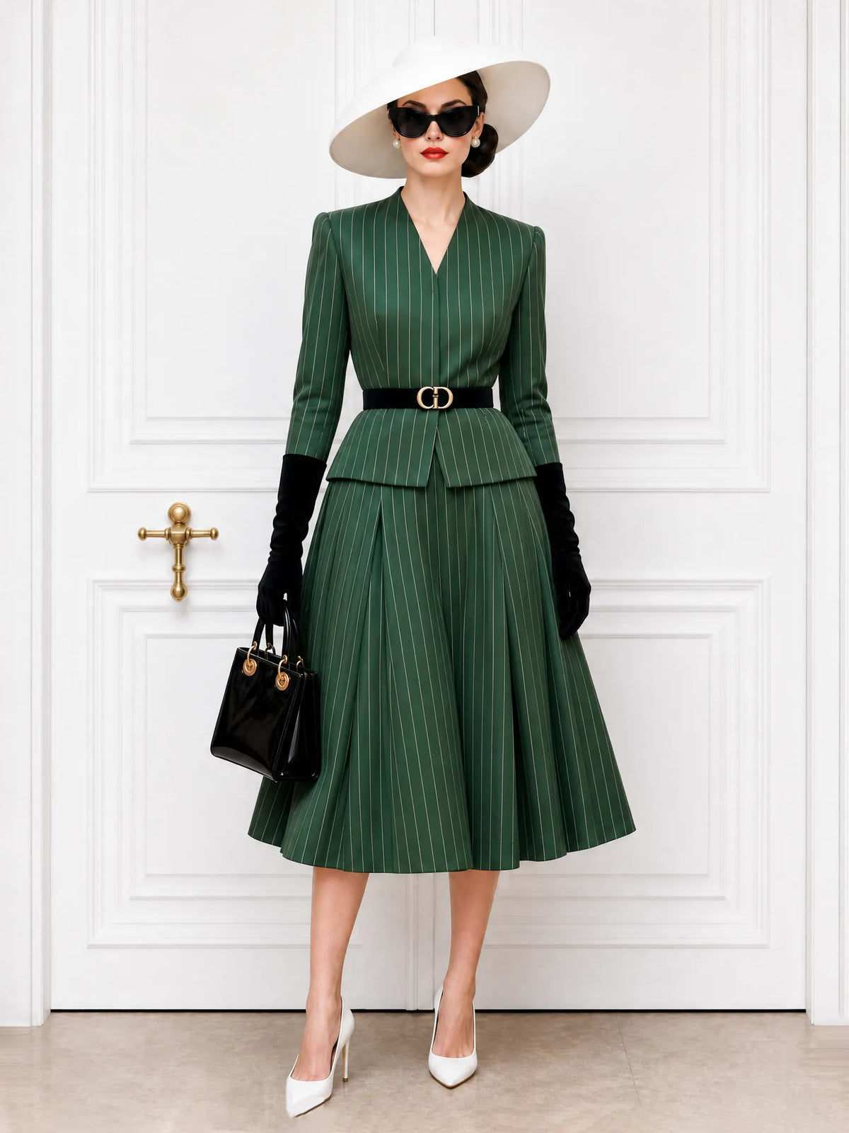 Vintage Striped V-Neck Blazer & Skirt Two-Piece Set