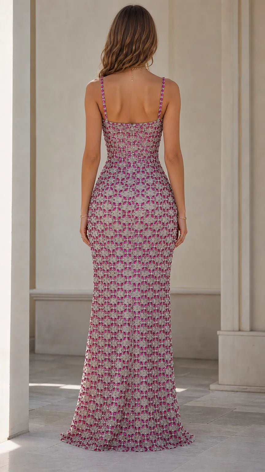 Sparkling Rhinestone Sweetheart Maxi Evening Gown with Bow Accents