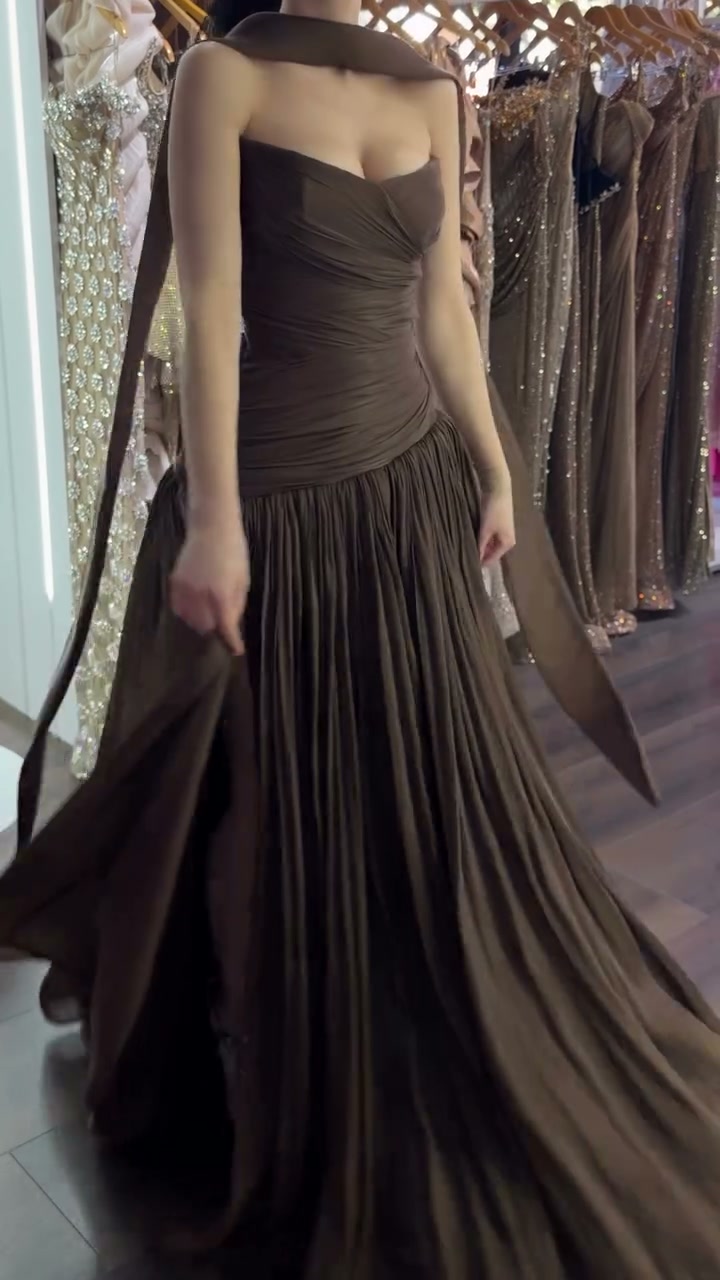 chocolate-brown-strapless-draped-gown-pleated-maxi-dress-with-scarf