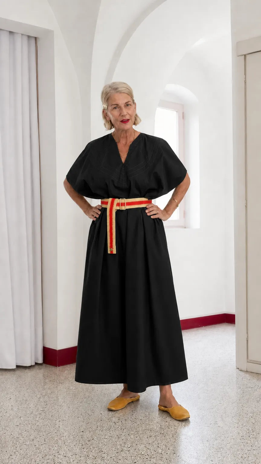 Women's V-Neck Belted Kimono Maxi Dress with Topstitch Detail