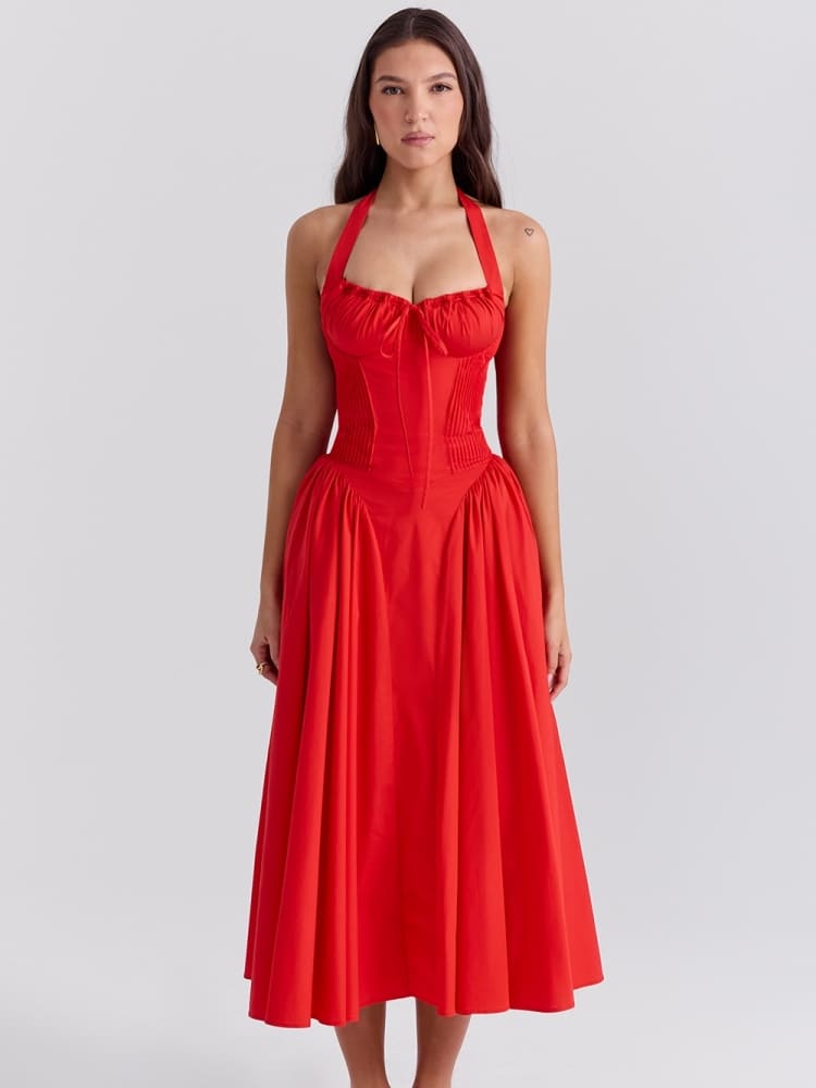 Red Backless Halter Midi Dress