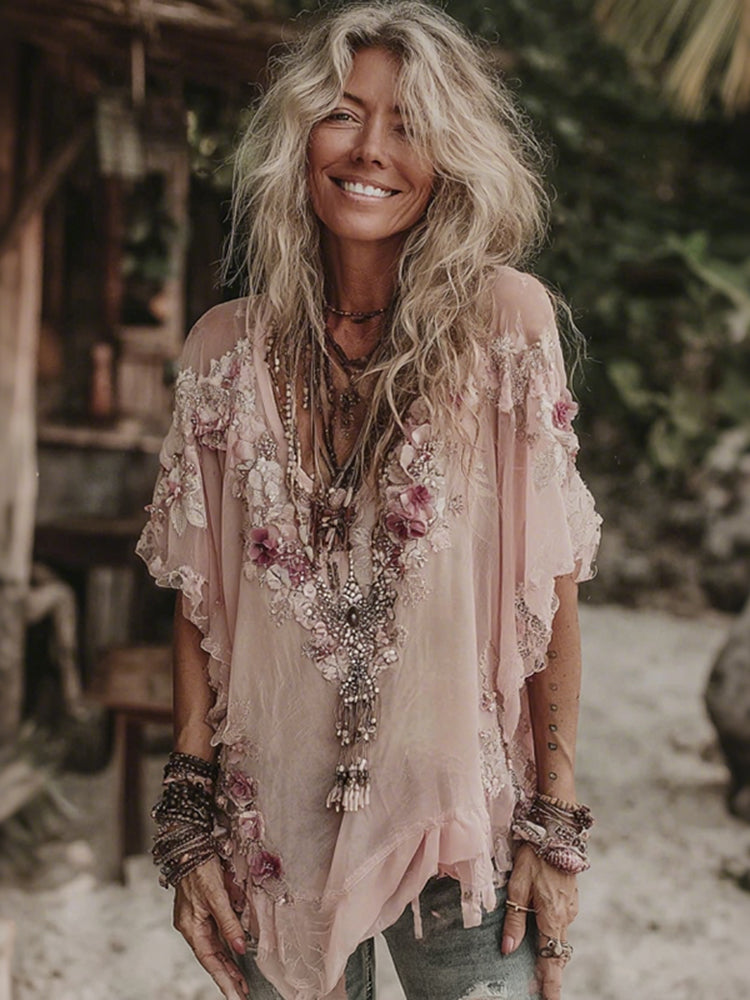 Vintage Boho Floral Patchwork Art V Neck Comfy Tops