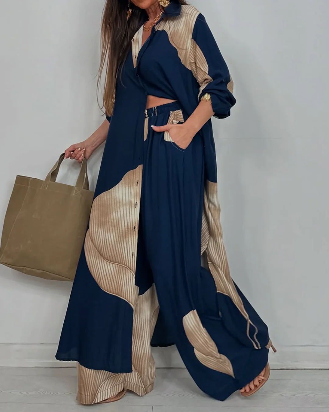 Women's V-neck Patchwork Printed Top and Pants Commuting Casual Suit