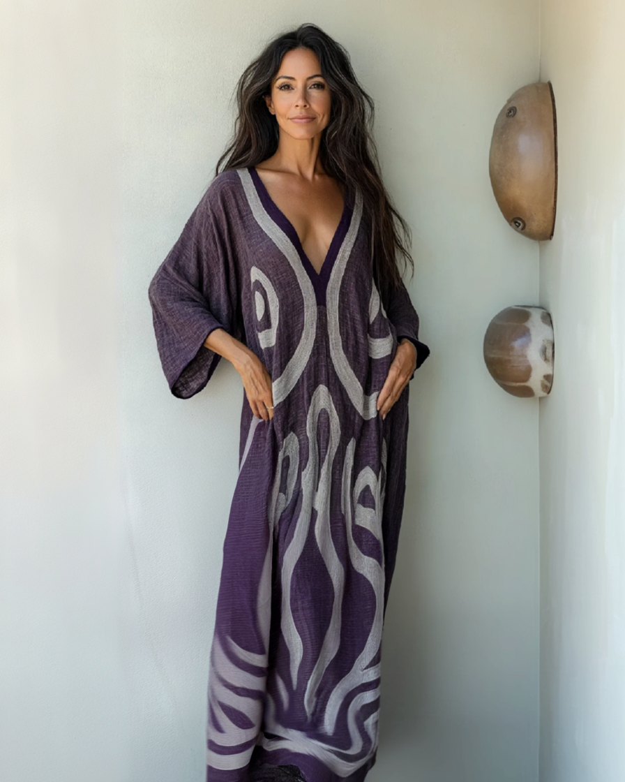 Linen Printed Kaftan Maxi Dress