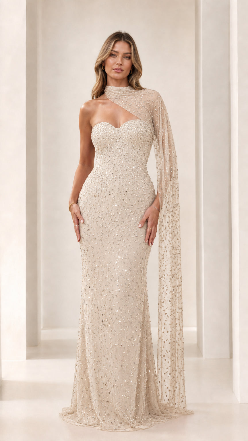 Sequined Beaded Sweetheart Evening Gown with Asymmetric Cape Drape