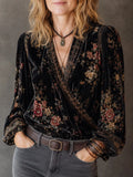 Black Velvet Floral Surplice Wrap Blouse