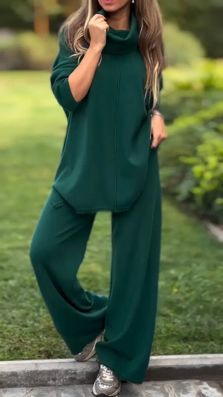Women High Neck Top + Pants Solid Color Casual Suit