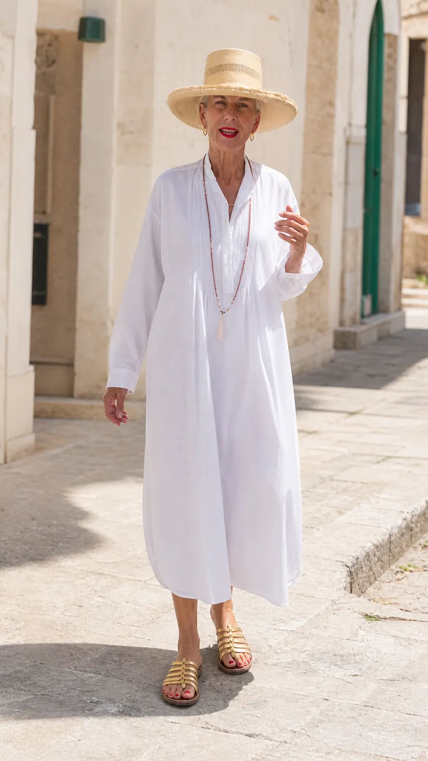 Women's Pintuck Pleated Button Midi Shirt Dress Loose Long Sleeve Caftan