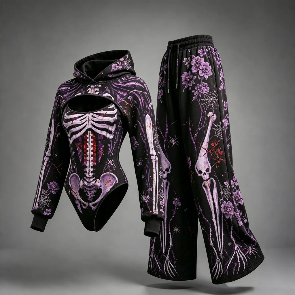 Women's Halloween Skeleton Spider Web Rose Print Hooded Three-piece Set