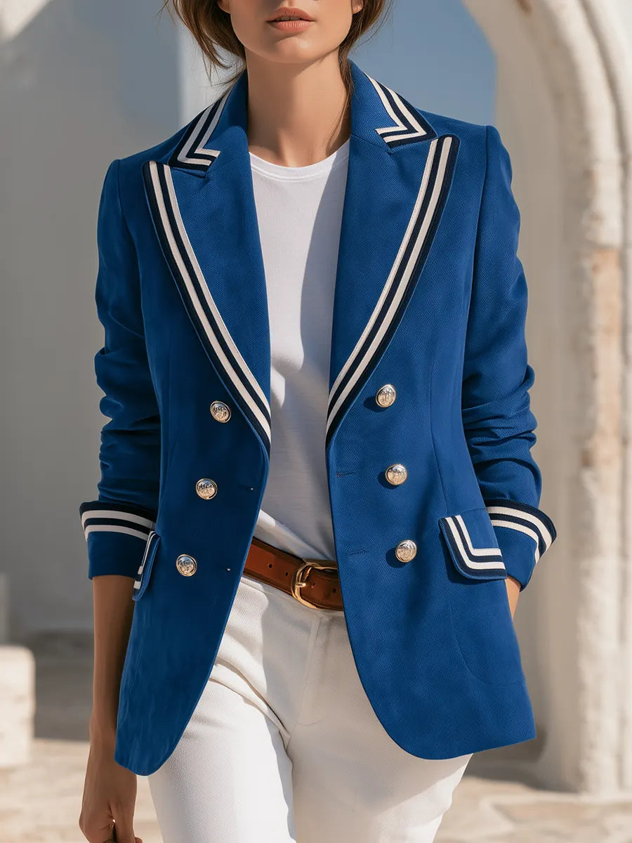 Stylish Color-block Webbing Trim Blue Faux-suede Blazer