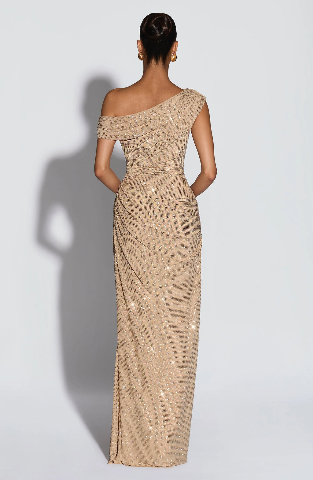 Champagne One-Shoulder Rhinestone Ruched Maxi Dress
