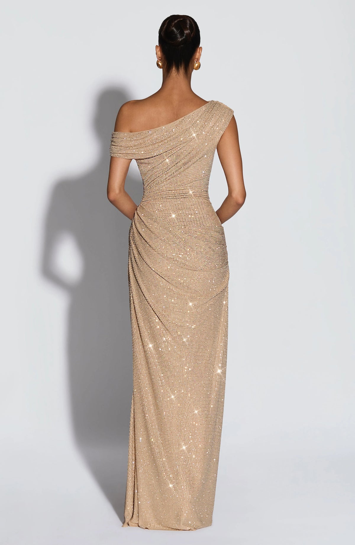 Champagne One-Shoulder Rhinestone Ruched Maxi Dress