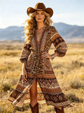 Women's Western Cowboy Boho Print Long Dress V-Neck Design