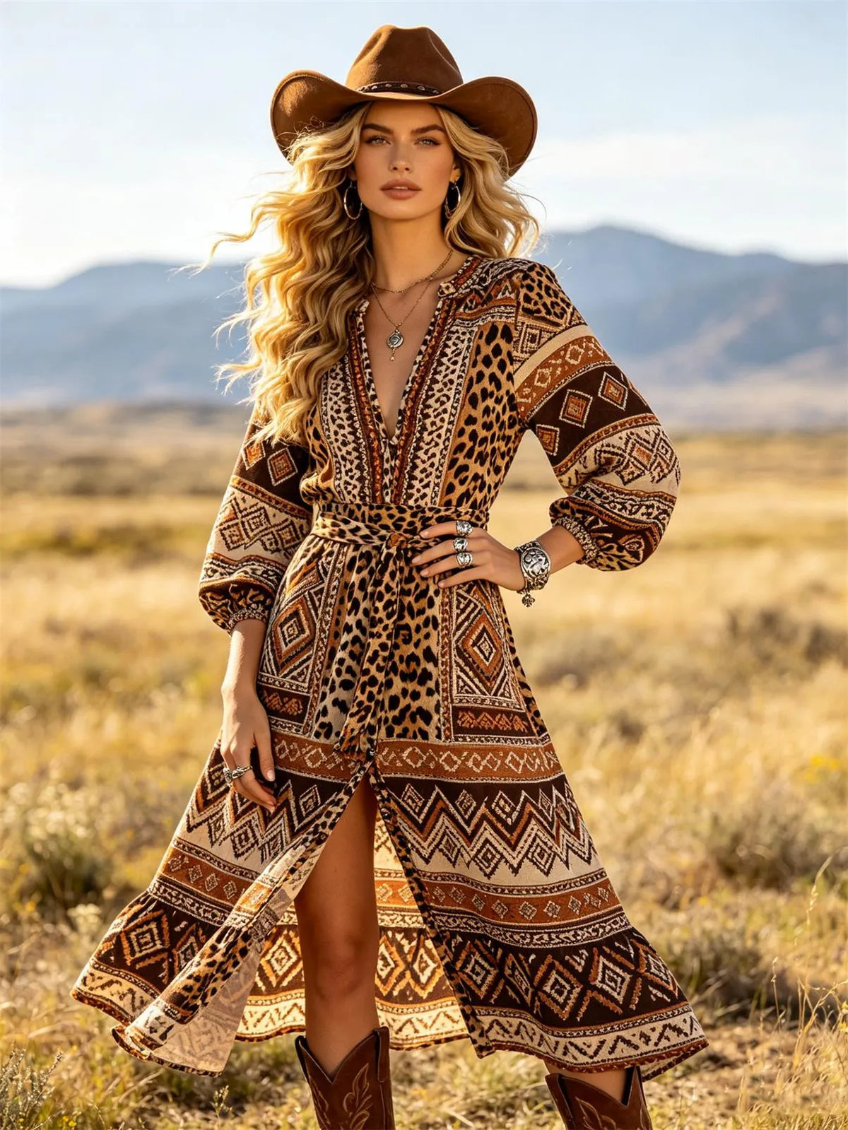 Women's Western Cowboy Boho Print Long Dress V-Neck Design