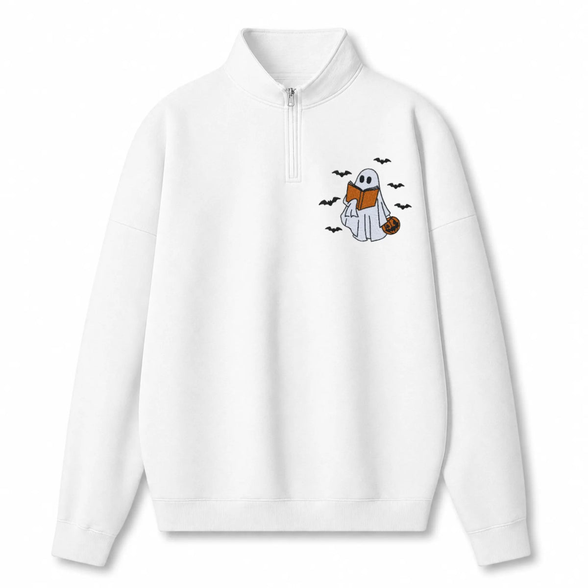 Chaotic Club Embroided Reading Ghost Pumpkin Pastel Pink Quarter Zip Sweatshirt
