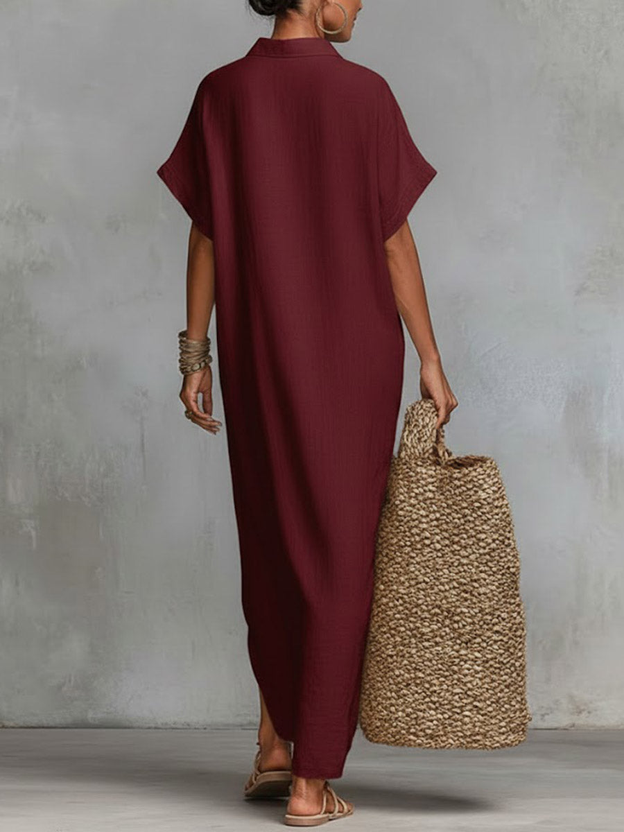 Women's Solid Color Collared Short-sleeved Casual Loose Linen Dress