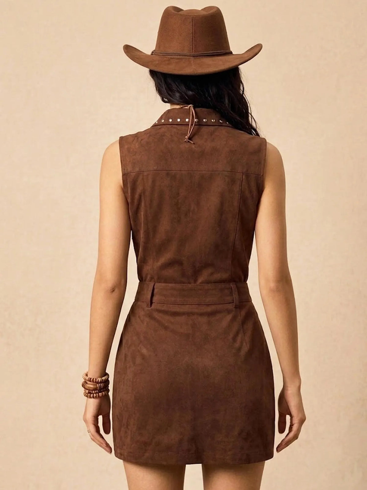 Retro Desert Escape — Coffee Brown Studded Fringe Sleeveless Suede
