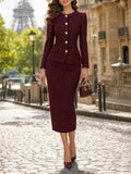 Vintage Tweed Pearl‑Button Skirt Suit