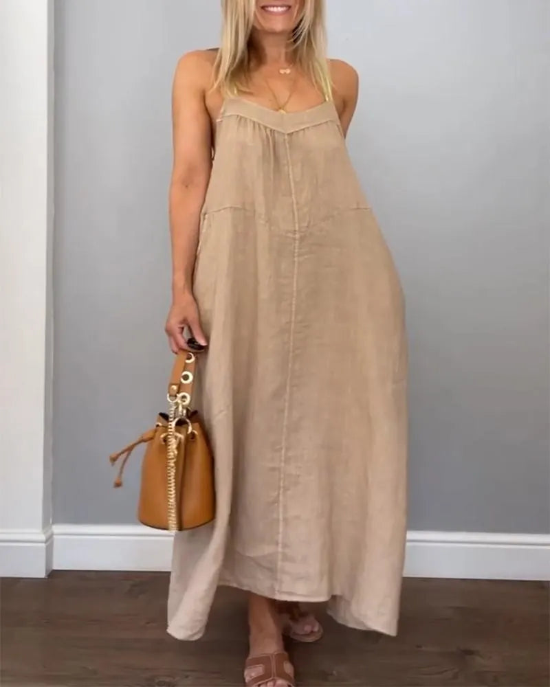 Women Solid Cotton and Linen Slip Dress