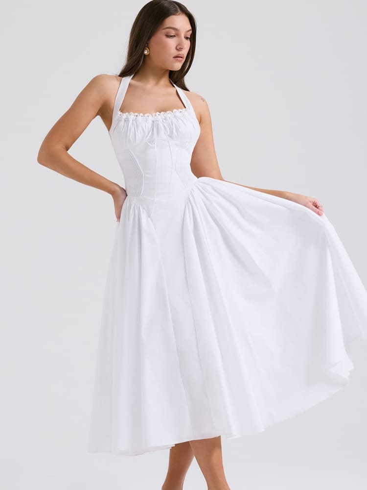 White Backless Halter Midi Dress