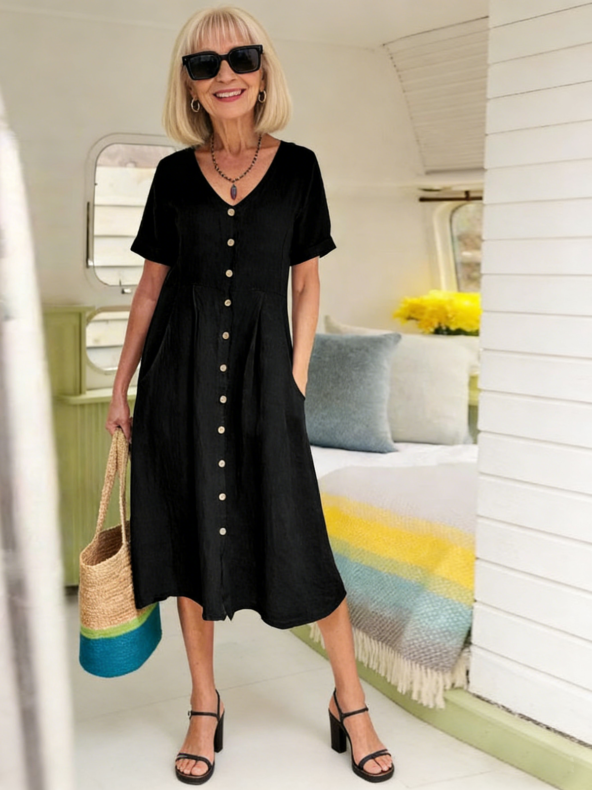 Solid Color Loose High Waist Cotton and Linen Dress