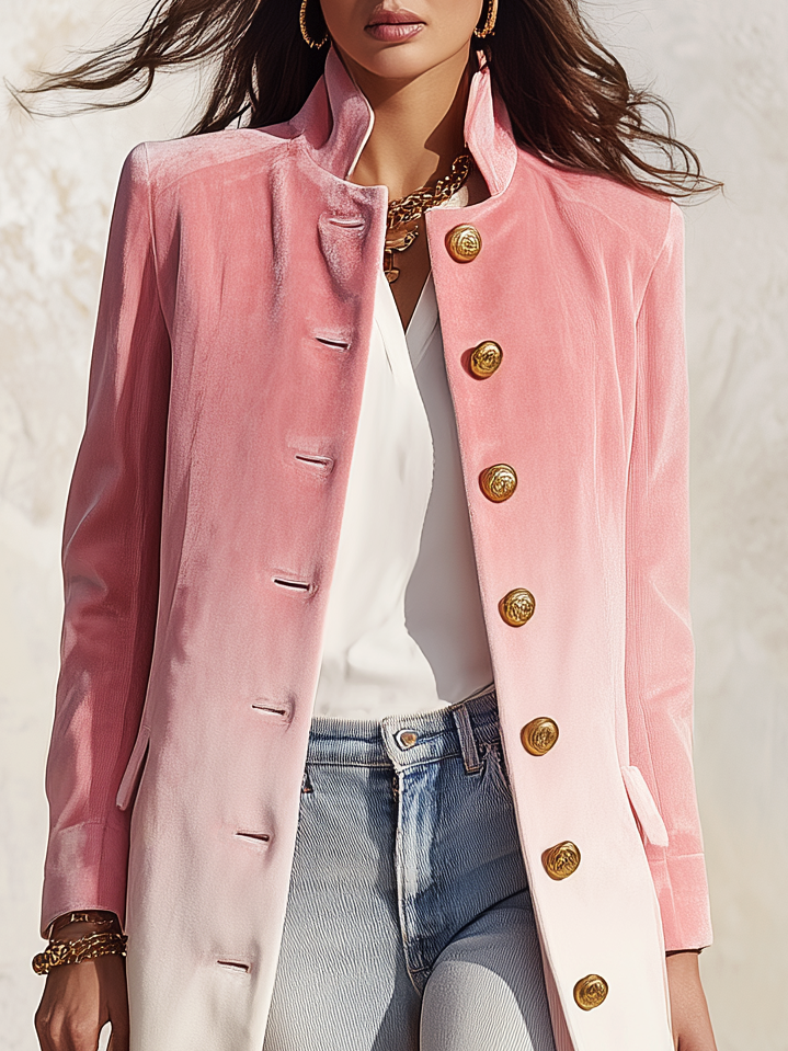 Elegant Gradient Print Stand Collar Single-breasted Mid-length Velvet Coat