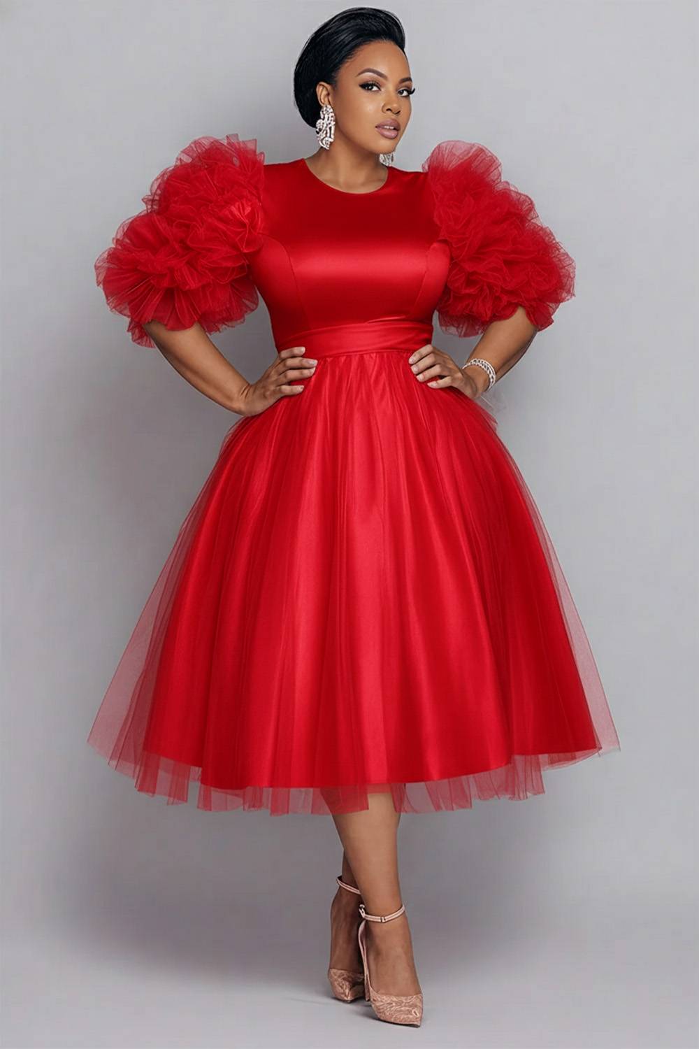 Formal Tulle Pink Round Neck Long Sleeve Contrast Elegant 3D Satin Midi Dresses